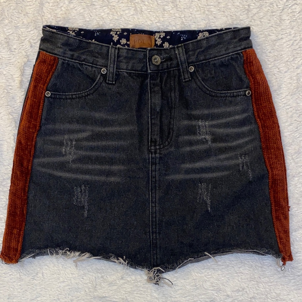 POL Black Denim Distressed Mini Skirt with Rust Velvety Corduroy Side Panels